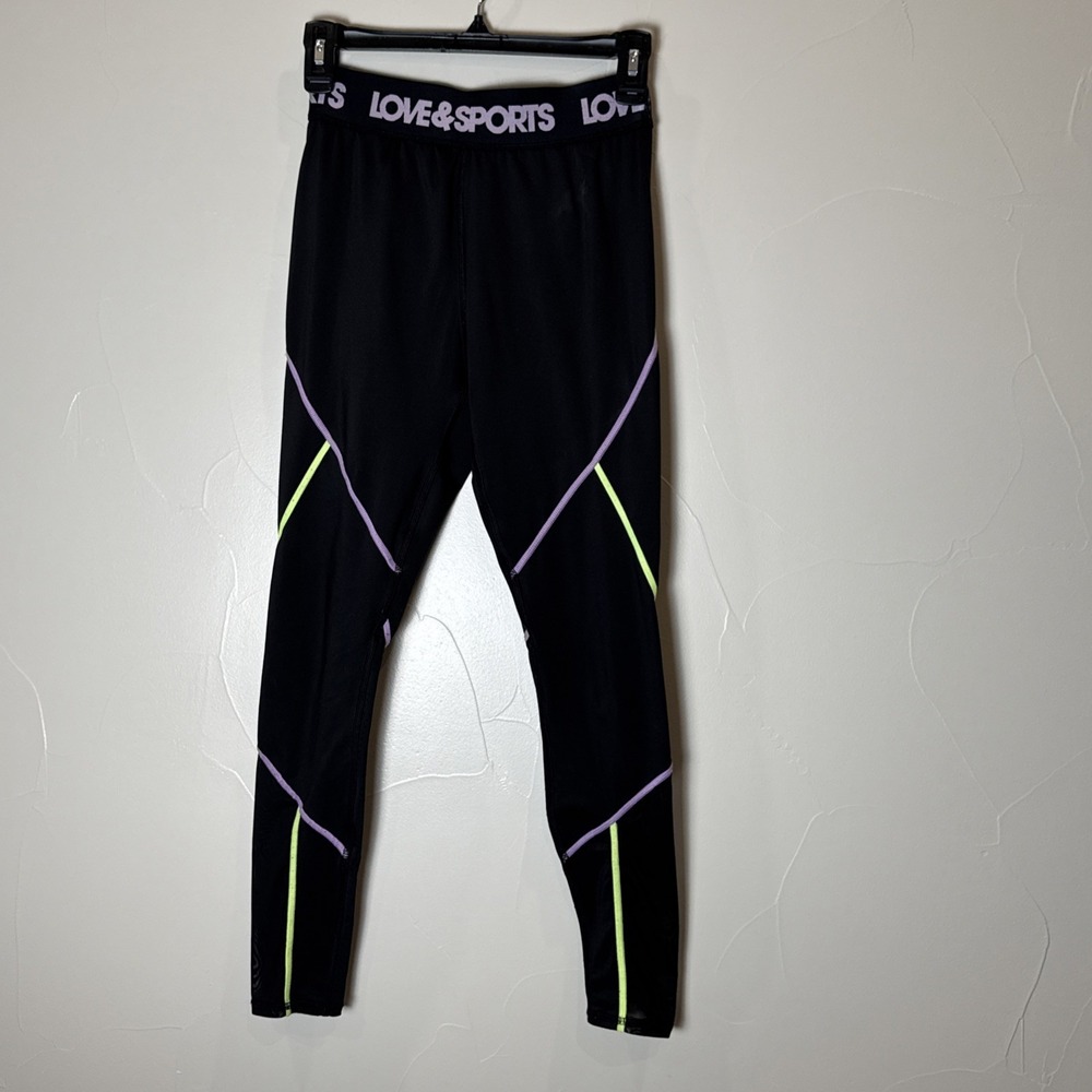 Love & Sports Leggings Women XS 0-2 Black & Neon Sheer Calfs  Workout